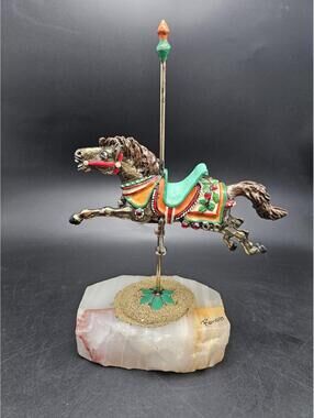 RON LEE 1985 SIGNED CAROUSEL HORSE 24K GOLD PLATE WHITE ONYX BASE AS-IS 9.5 IN